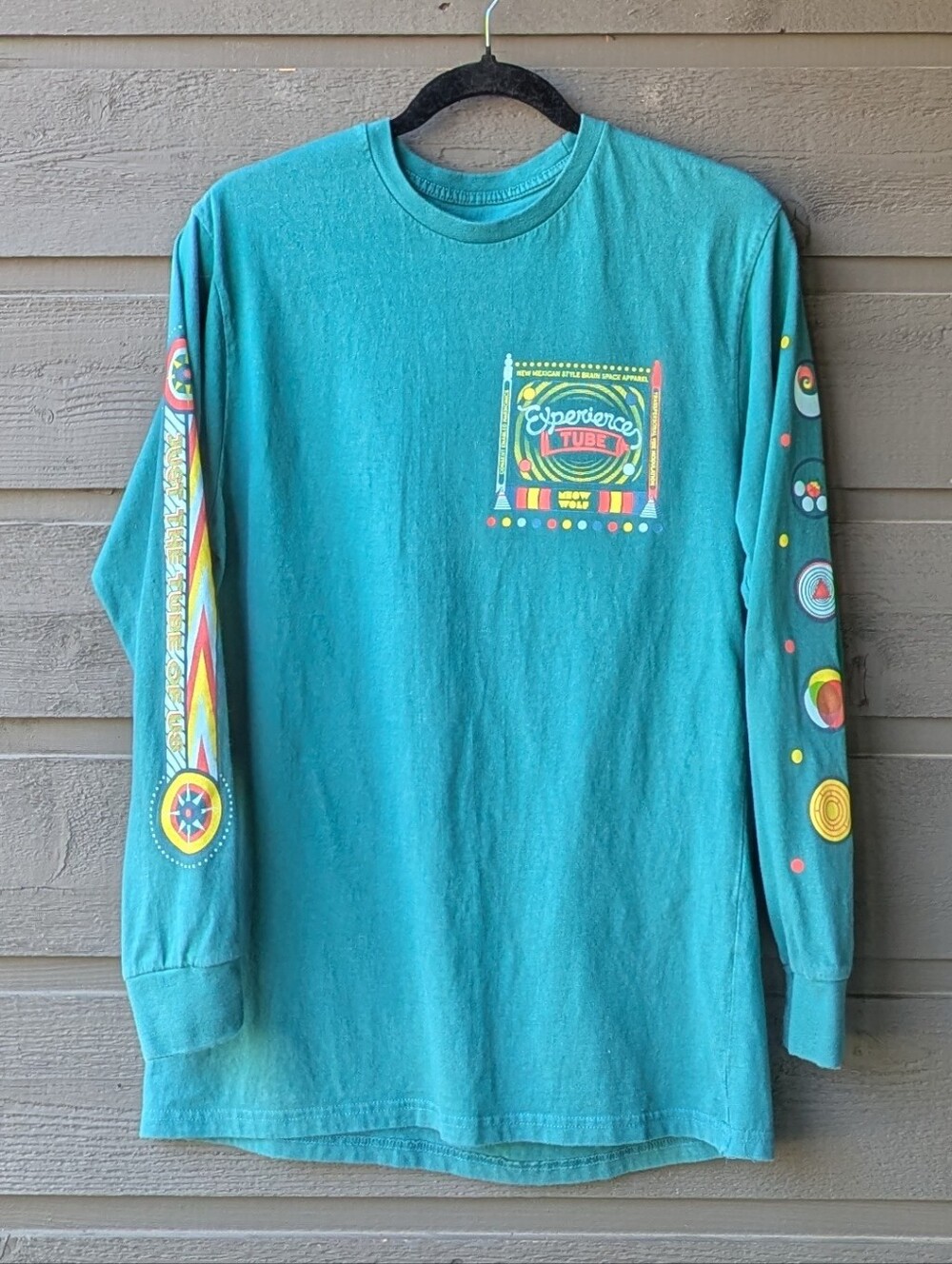 Meow Wolf Experience Tube Teal Green Long Sleeve Shirt 100% Cotton Unisex Medium